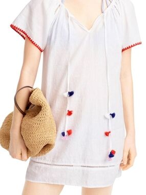 J. Crew White Pom-Pom Tunic Cover-Up with Red Trim Accents